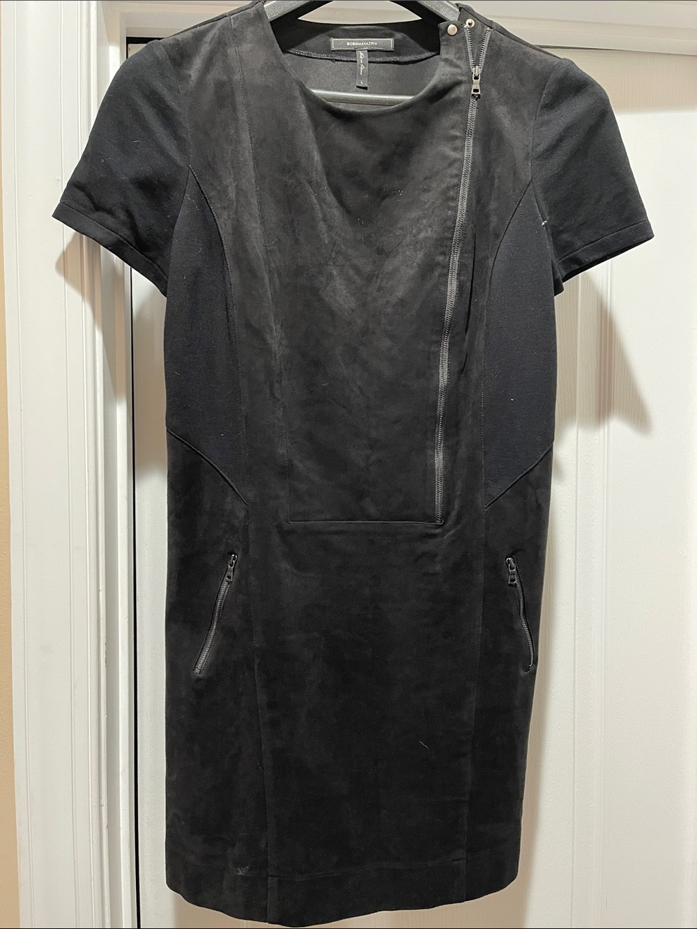Black Short Sleeve Suede Sheath Dress with Zip Detail